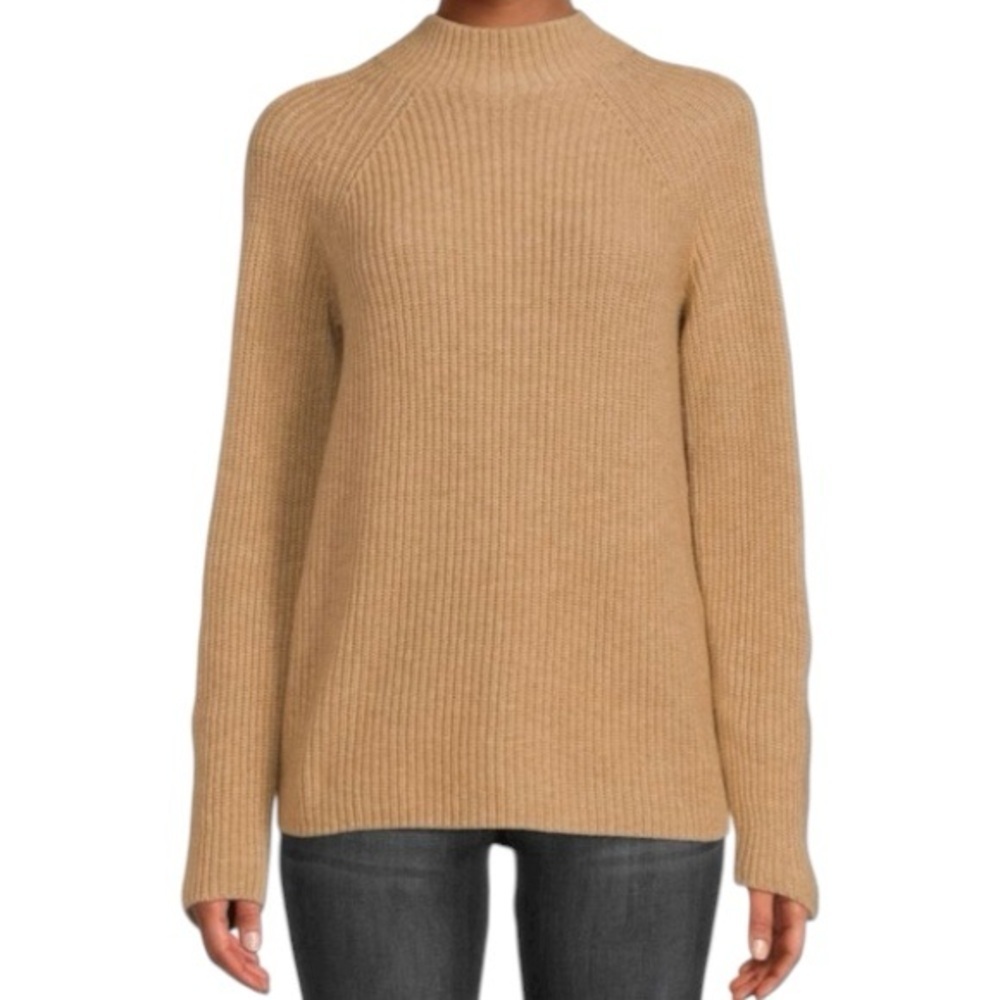 VINCE Wool & Cashmere Blend Shaker Rib Knit Mock Neck Sweater Camel Tan XS